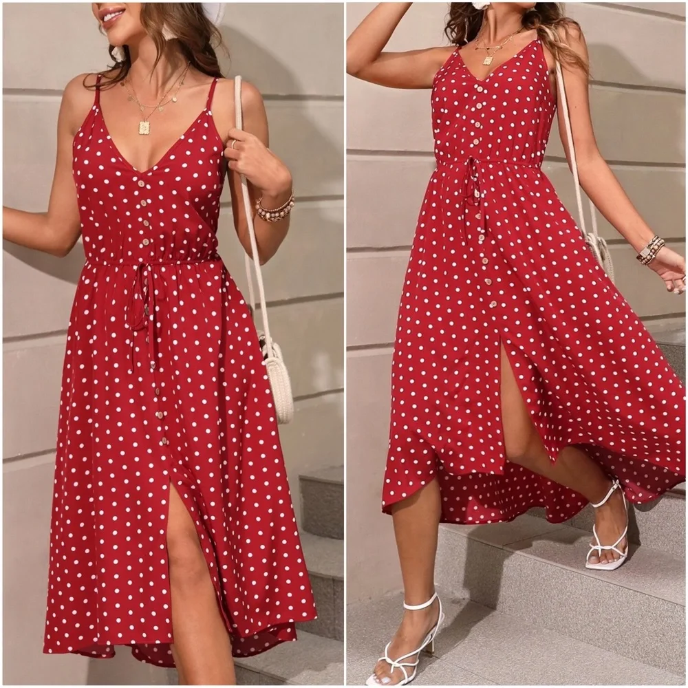 Red Polka Dot Button Summer Dress - Picture 3 of 3